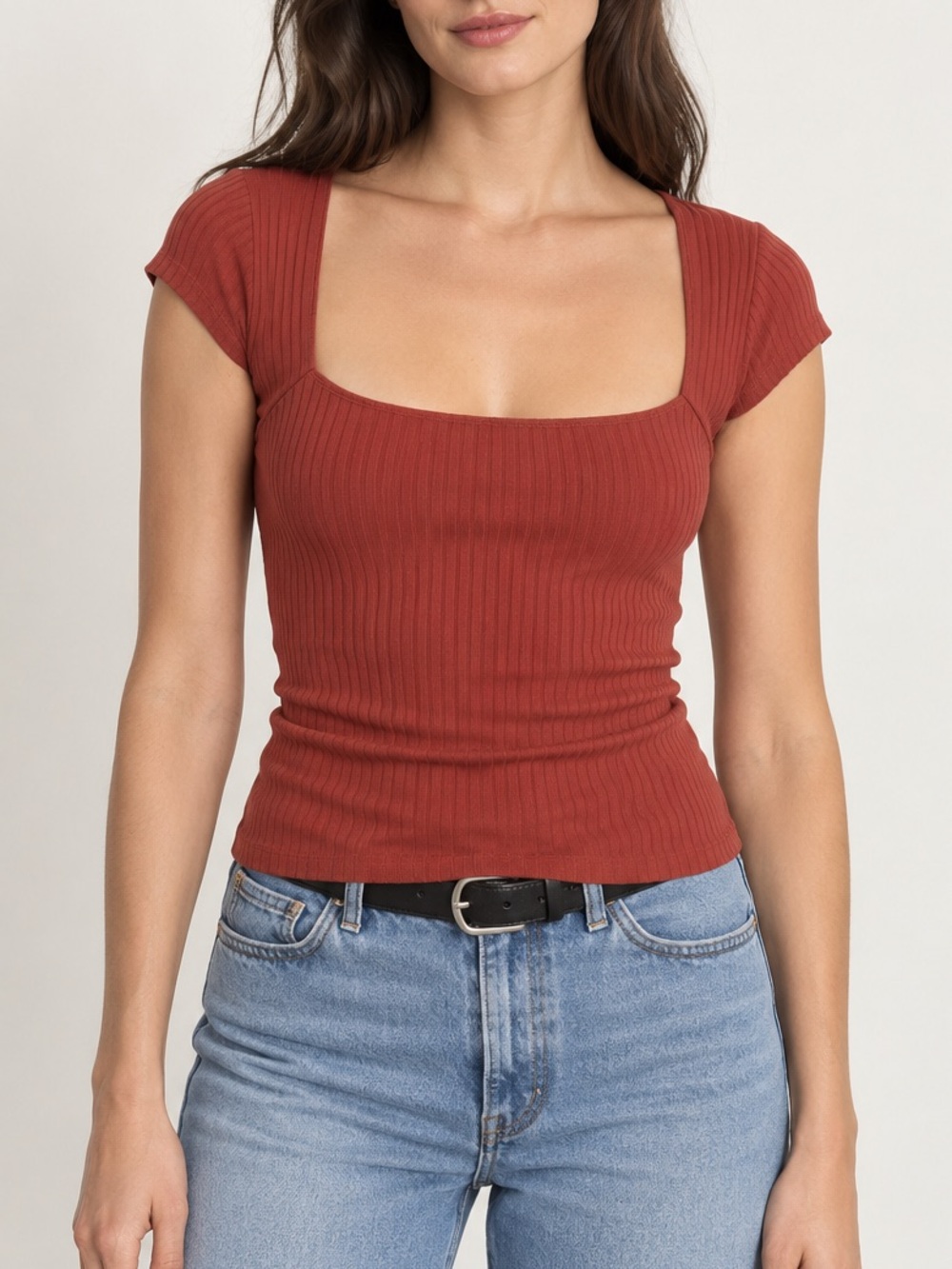 Reformation Jeans Square Neck Rust Ribbed Cap Sleeve Top S Minimalist Capsule